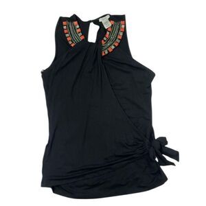 Cache Vintage Black and orange beaded tank top with tie waist
